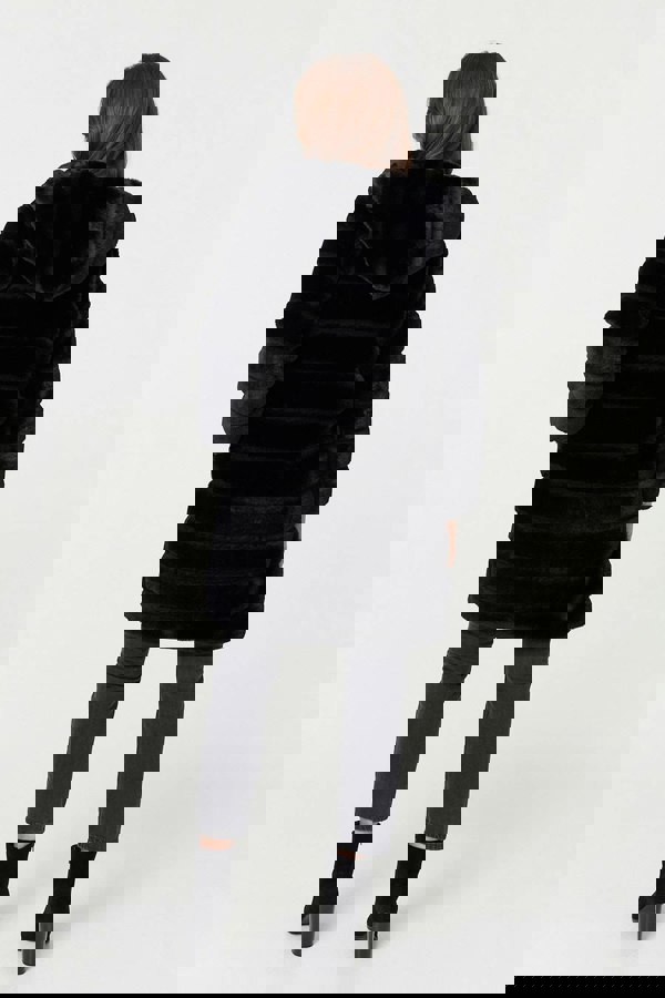 Black | Faux Fur Thigh Length Hooded Jacket
