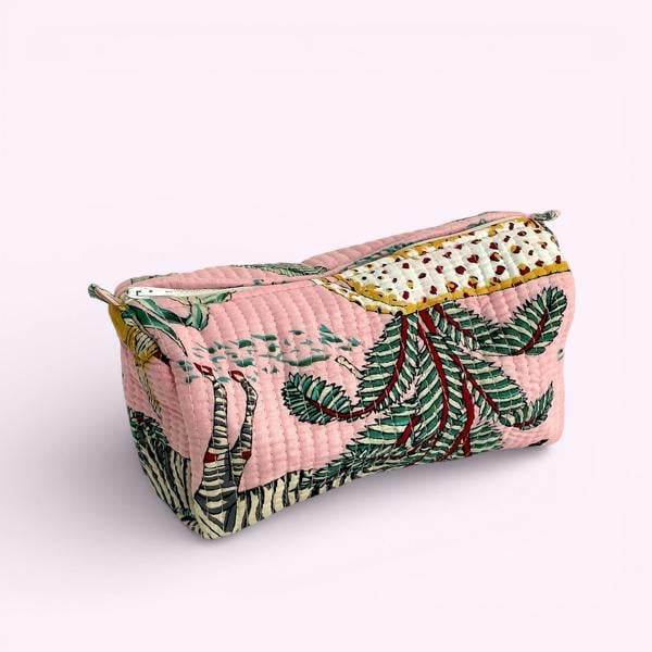 Hayley & Co Jungle Print Cotton Washbag, Make Up Bag, Pencil Case with Waterproof Lining - Jungle Animal Print in Pink