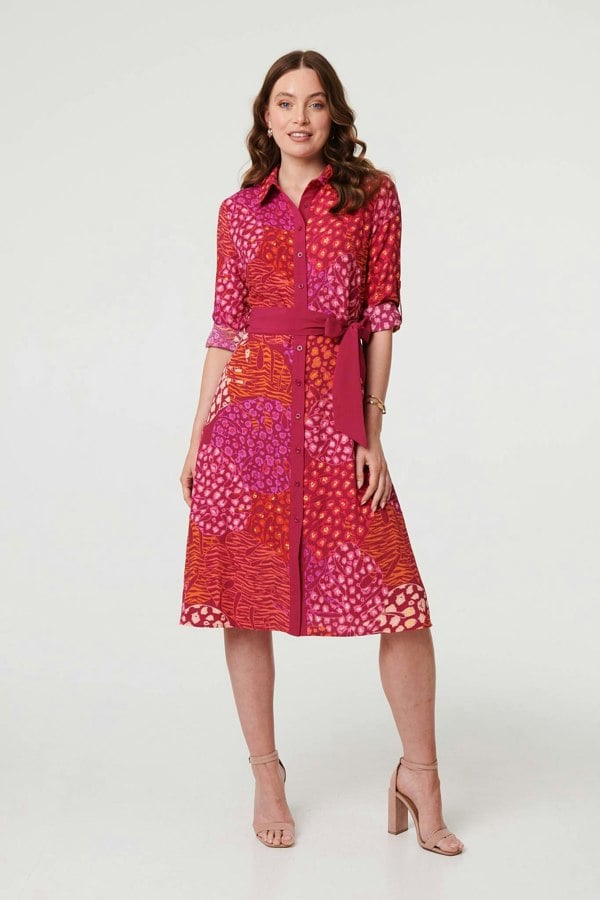 Pink | Printed Long Sleeve Collared Midi Dress
