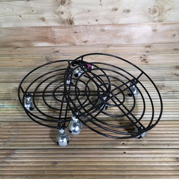 Samuel Alexander 2 Pack Heavy Duty Round Metal GardenPlant Flower Pot Stand Trolley Dolly on Strong Metal Castor Wheels 37cm - Black