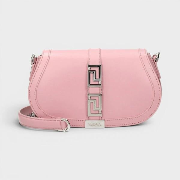Versace Logo Medium Shoulder Bag Leather Pink Silver Tone