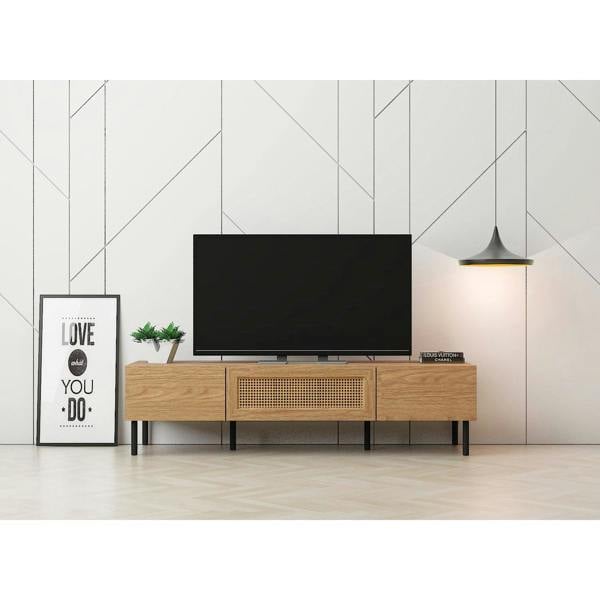 TV cabinet in a modernly decorated living room. It shows the 2 cupboards and internal drawer in use and a TV on top.