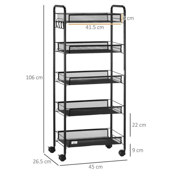Black steel mesh storage trolley, four-tier with wheels and size measurements