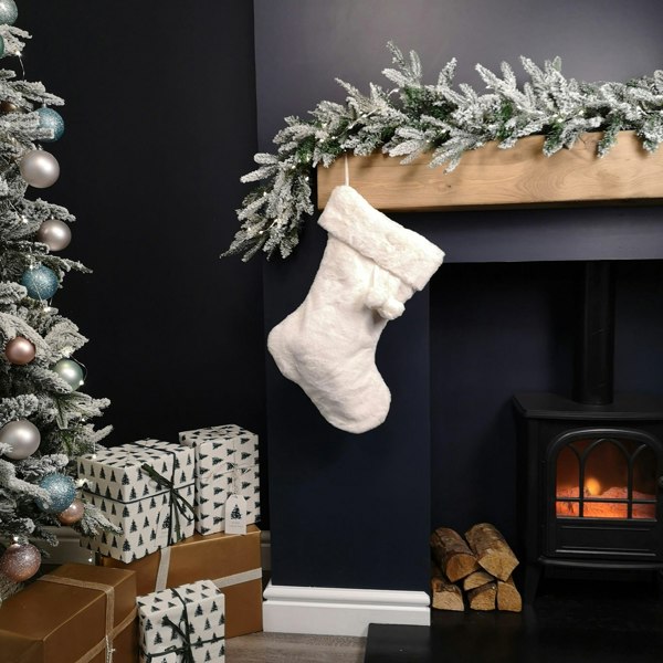 Samuel Alexander 50cm Winter White Faux Fur Hanging Christmas Stocking with Pom Poms