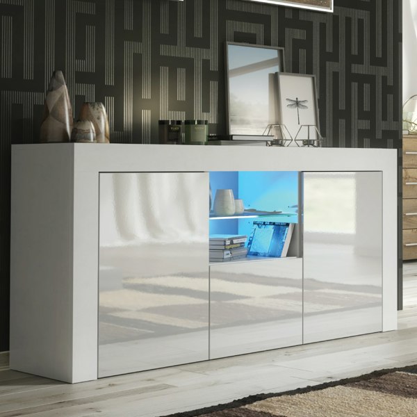 Mex Furniture Modern TV Unit Cabinet 145cm Stand & Sideboard with White Gloss Doors & Free LED