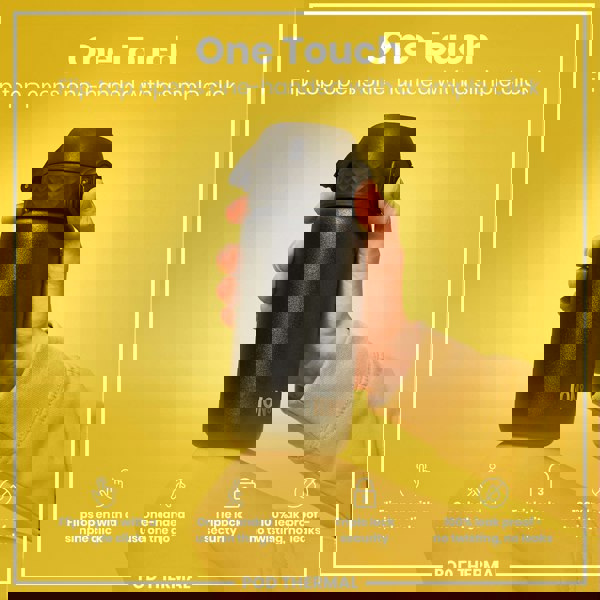 A black ION8 water bottle is held, its flip top opened one-handed. The bottle is shown against a yellow background, showcasing its features: one-handed use, triple lock security, and leakproof design.