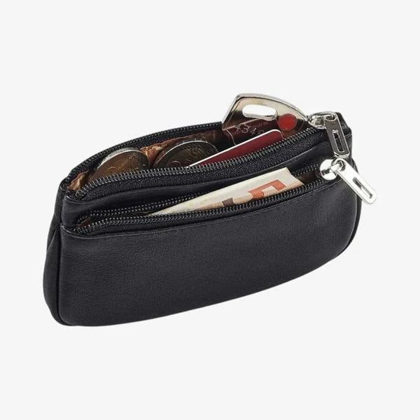 Black Leather Double Zip Coin Purse Open View