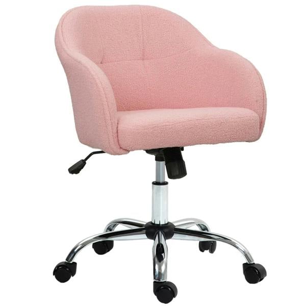 Pink teddy fleece office chair with curved arms and swivel base with casters