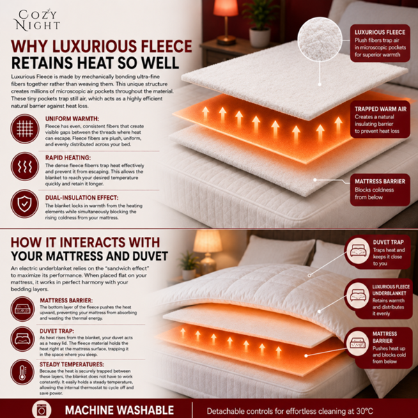 Cozy Night Superking Size Electric Blanket Heated with 3 Heat Settings - Quick Fit Underblanket - Fleece Material Machine Washable