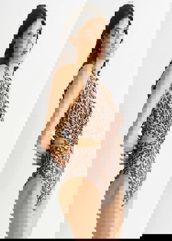 Gini London Brown Animal Print Twisted Cut Out Halter Swimsuit