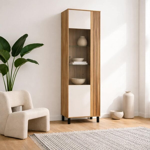 Wyld Haus Pandrup Glass Door Display Cabinet in Cream and Oak