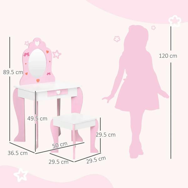 Kids pink dressing table set with heart mirror and stool, with dimensions shown