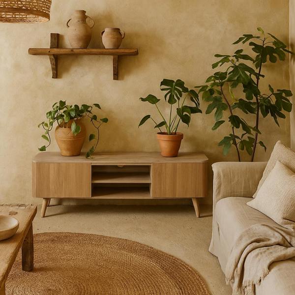 Wyld Haus Boston Natural Oak and Brown Marble 2 Door TV Unit