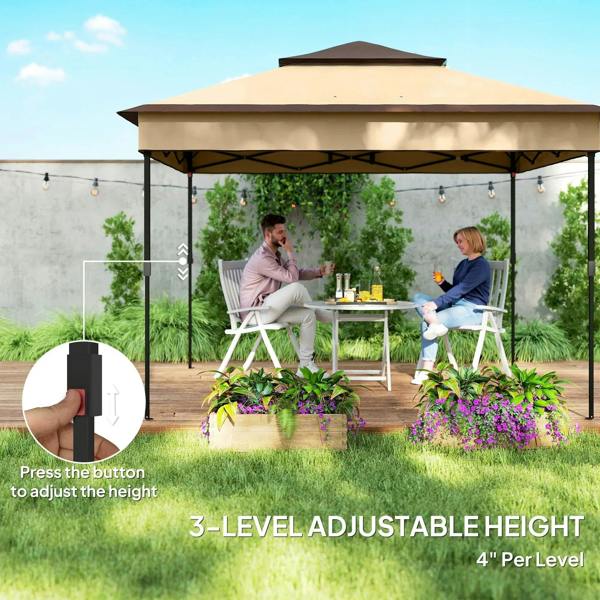 Beige pop-up gazebo with dark brown roof and side netting, people relaxing by a table