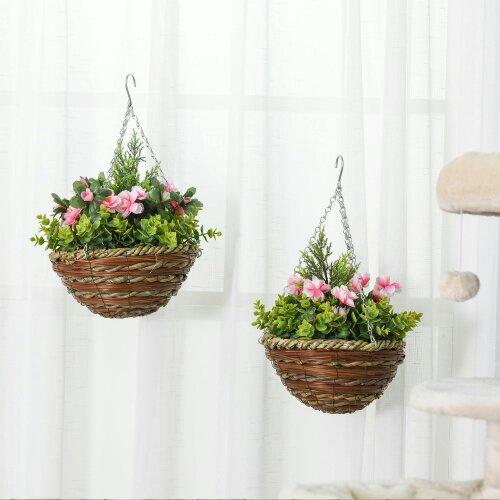 Wyld Haus Fifi Set Of 2 Hanging Artificial Lisianthus Flower Displays In Pink And Green