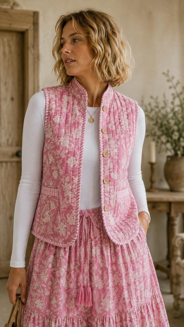 Soul Of Sita Pink LAVINIA Woodblock print waistcoat with contrast stripe lining .