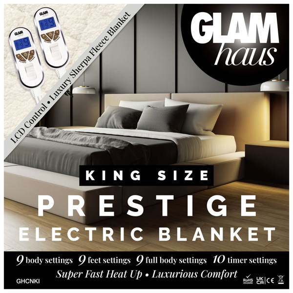 GlamHaus Prestige Electric Blanket King Size With 9 Body Settings, 9 Feet Settings, 9 Full Body Settings, 10 Timer Settings