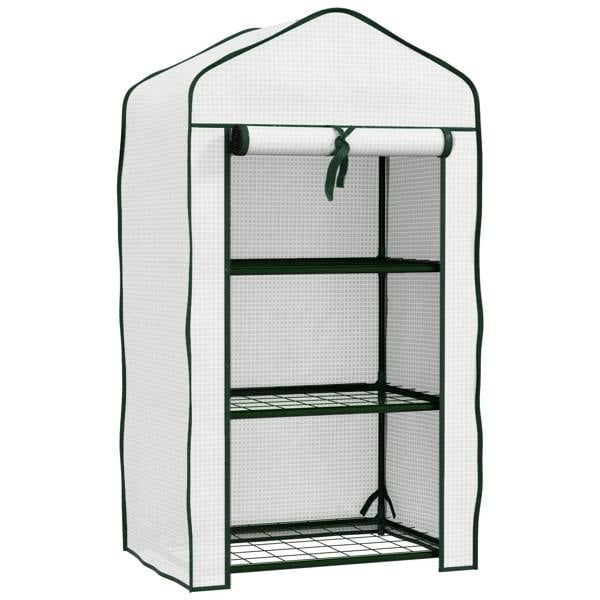 White three-tier mini greenhouse with mesh cover and three wire shelves, front view