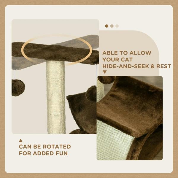 Brown cat tree with rotatable top perch on sisal post and cushioned scratching ramp