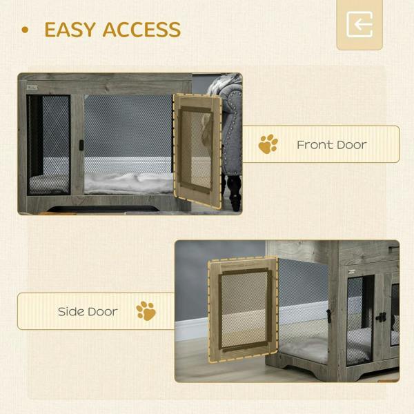 Grey dog crate end table showing front and side doors with mesh panels, open.