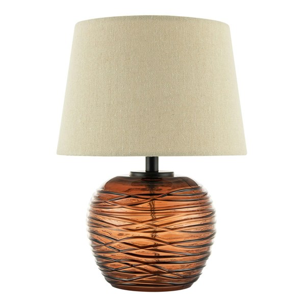 Modern Designer Amber Glass Table Lamp with Oatmeal Beige Linen Fabric Shade Image 2