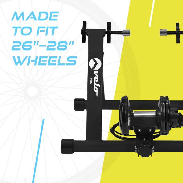 Velo Pro Black Magnetic Turbo Trainer with adjustable frame, designed for 26"-28" wheels, featuring a sleek black finish and sturdy construction