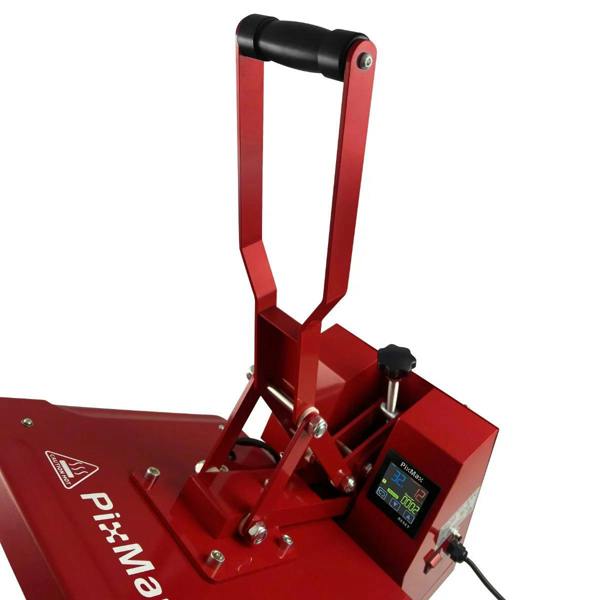 PixMax T-Shirt Sublimation Heat Press Machine in vibrant red, featuring a sturdy clam design and digital control panel for precise temperature settings