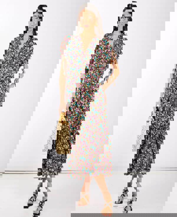 Multicoloured Floral Gathered Sleeve Midi Dress