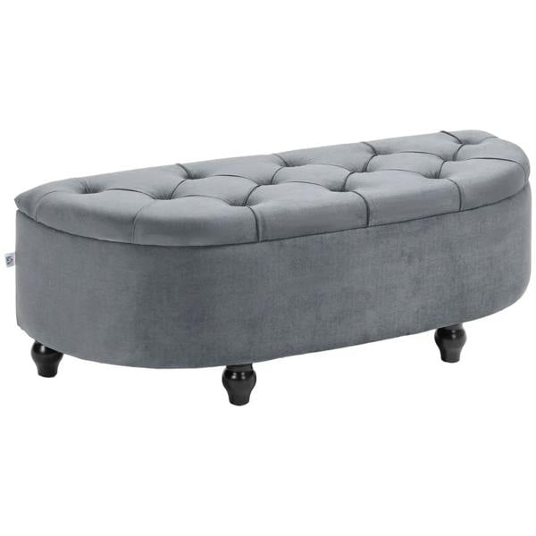 Dark grey velvet-feel storage ottoman, button-tufted half-circle lid and padded frame