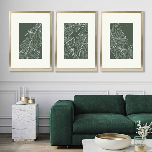 Set of 3 Minimal Green and Cream Botanical Leaves Framed Art Prints with Gold Frames
