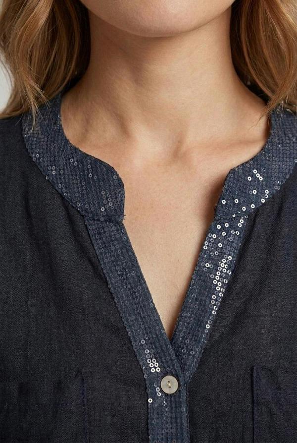 Navy | Sequin Trim 3/4 Sleeve Relaxed Shirt