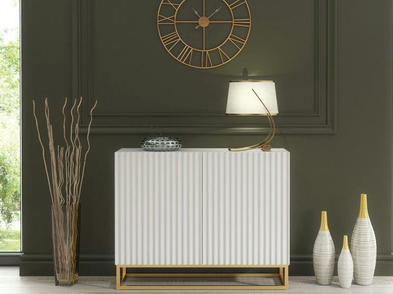 Mex Furniture Graceful White Sideboard with Fluted Fronts & Gold Legs – 100cm Storage Unit