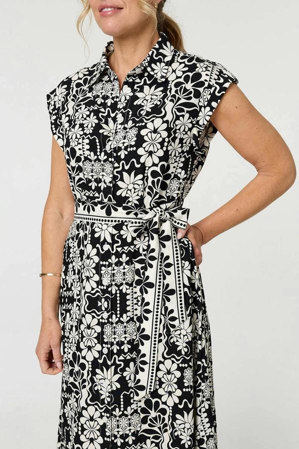 Black | Floral Cap Sleeve Tie Midi Shirt Dress
