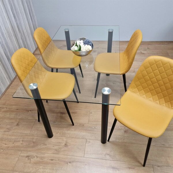 Kosy Koala Glass Dining Table with 4 Mustard Chairs Dining Room Dining Table set for 4