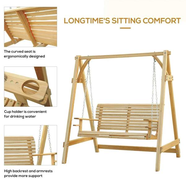Wooden swing bench with curved seat and cup holder, armrests and slatted back