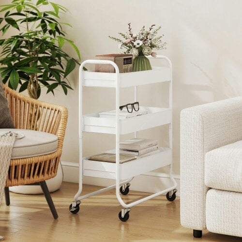 Wyld Haus Saseta Sosa Metal White 3 Tier Rolling Utility Trolley With Mesh Baskets