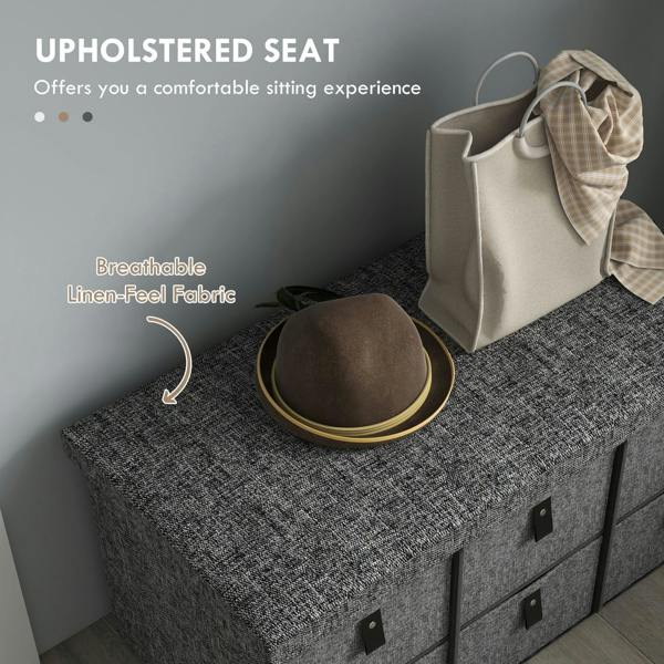 Dark grey upholstered padded top seat over six fabric shoe drawers