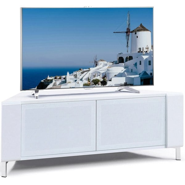 MDA Designs CORVUS Corner-Friendly Gloss White Contemporary Cabinet with White Profiles White BeamThru Glass Doors for Flat Screen TVs up to 50"