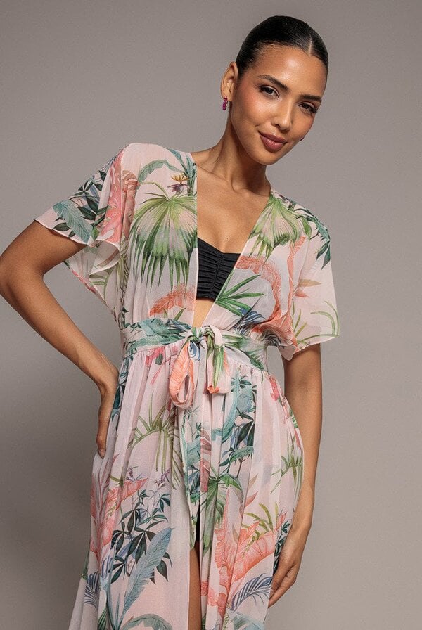 Goddiva Palm Print Flutter Sleeve Kimono Maxi Dress - Palm Print by Goddiva