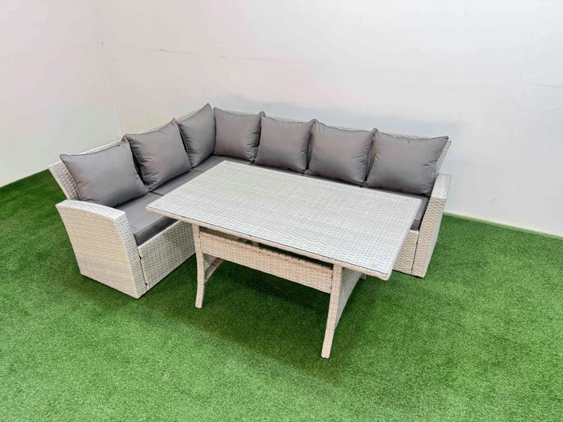 Fimous 6 Seater Rattan Garden Furniture Set Outdoor Patio Dining Corner Sofa Sets with Dining Table Light Grey Mixed