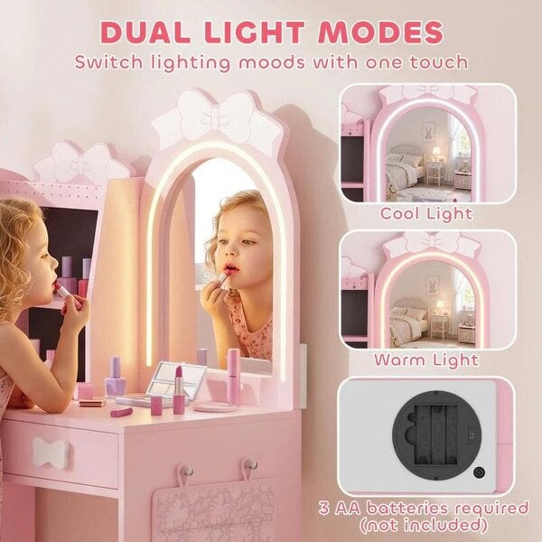 Kids Dressing Table, 3-in-1 Kids Vanity Set with Stool, 2-Colour Lights Mirror, Clothes Rack for Ages 3-8, Pink