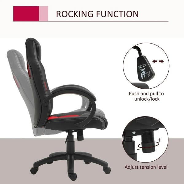 Black office chair with red seat panel, rocking base feature and casters; curved armrests