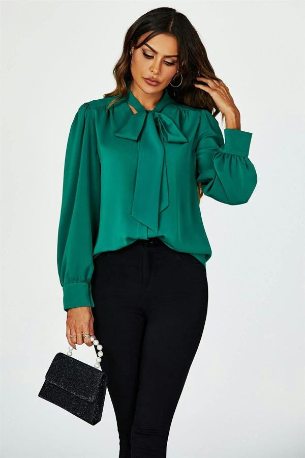 FS Collection Tie Detail long sleeve Blouse Top In Green