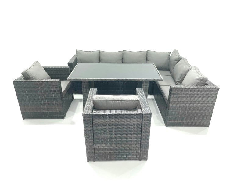 Fimous Outdoor Lounge Rattan Corner Sofa Set Garden Furniture Rectangular Dining Table Chair Dark Grey