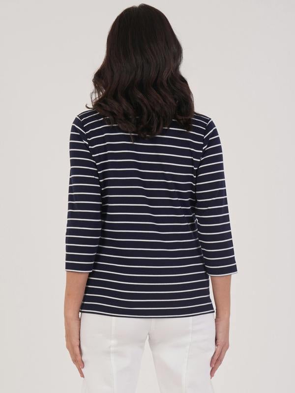 PennyPlain Notch Neck Stripe Top - French Navy/ivory