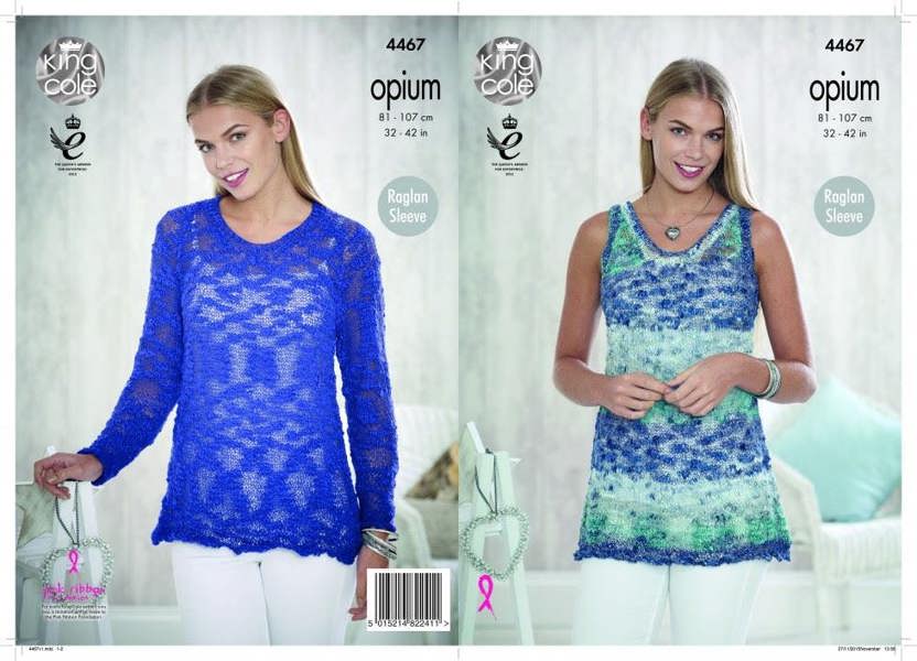 King Cole Opium Knitting Pattern 4467, Tops, Sweaters for Women, 32 inch - 42 inch - Intermediate