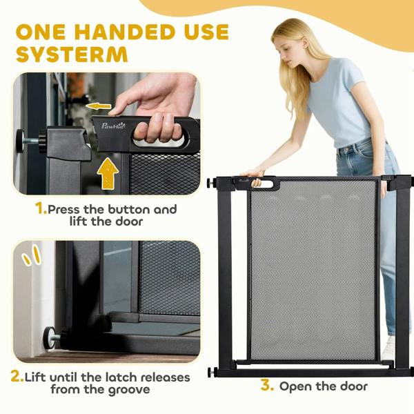 Black dog safety gate handle and latch mechanism with open door shown