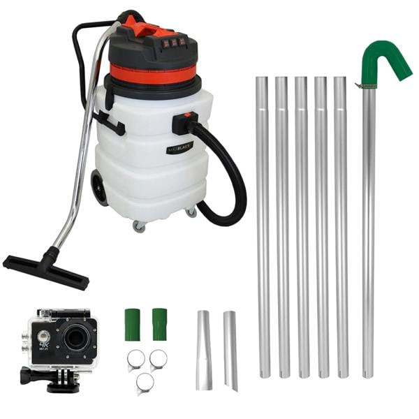 90L wet and dry vacuum with a white tank, red accents, metal hose, gutter vacuum poles, and a camera for versatile cleaning tasks