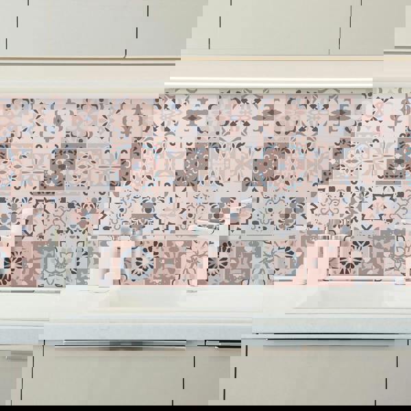 WT1562 - Menara Pink and Grey Cement Moroccan Wall Tile Sticker Set - 15 cm x 15 cm - 24 pcs