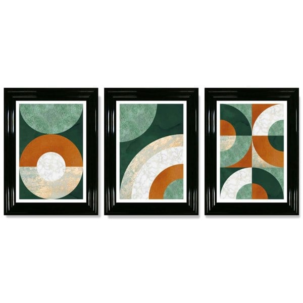 Set of 3 Orange and Green Abstract Framed Art Prints with Glossy Black Frames